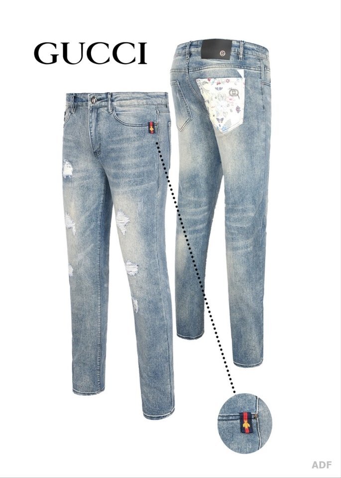 (국내발송) GC 구찌 플라워 포켓 데미지 워싱 청바지