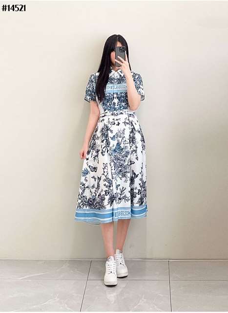 DO 디올 플라워 패턴 톤온톤 벨트 플레어 원피스