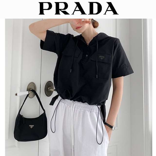 PD 프라다 반팔 후드 블라우스