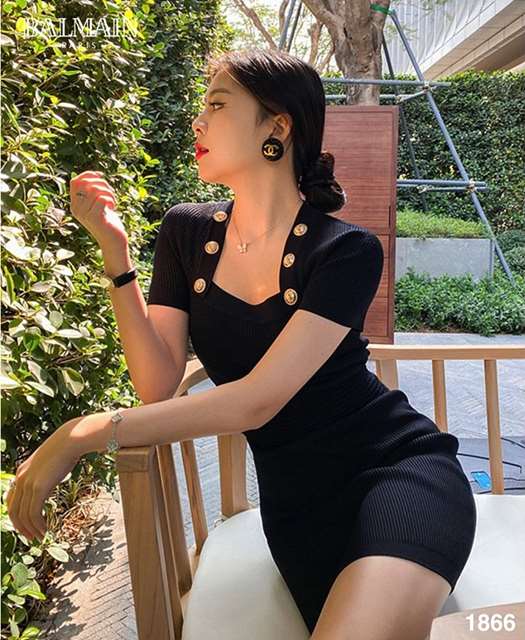 BM 발망 스퀘어넥 버튼 원피스