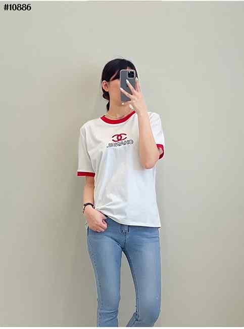 CN 샤넬 여성 레드라인 반팔 티셔츠