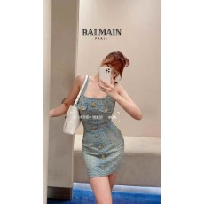 BM 발망 로고 패턴 데님 민소매 원피스 