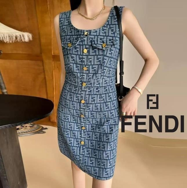 FD 펜디 FF 패턴 포켓 데님 민소매 원피스 