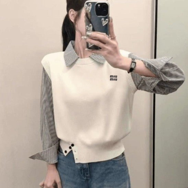 MU 미우미우 체크 셔츠 콤비 니트 
