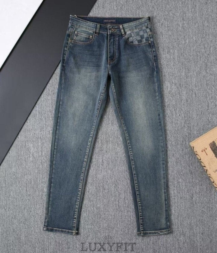 LV 루이뷔통 다미에 로고자수 워싱스판 데님진