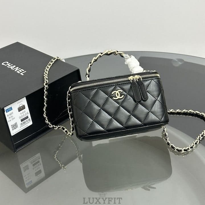 CN 샤넬 베니티 탑핸들 직사각 램스킨 블랙 금장 (AP2199)