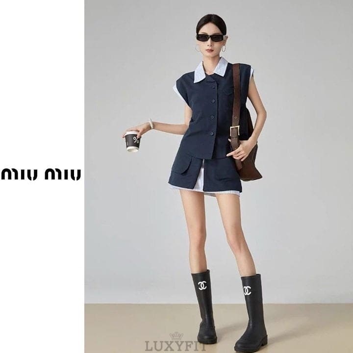 MU 미우미우 배색 셔츠 레이어드 스커트세트